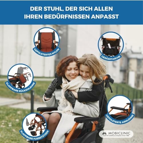 Zwei Personen in einem Rollstuhl, der sich an Bedürfnisse anpasst.