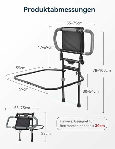 Abmessungen eines Bettgriffs mit verstellbaren Teilen.