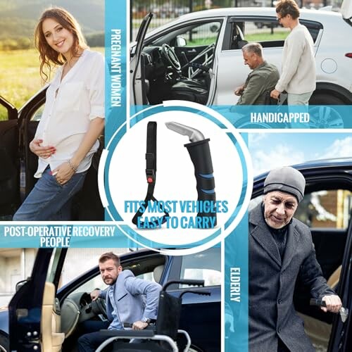 Verschiedene Personen nutzen eine Autotürgriffhilfe für einfaches Ein- und Aussteigen.