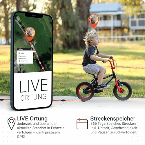 Kind fährt Fahrrad mit GPS-Tracker-App auf Smartphone.