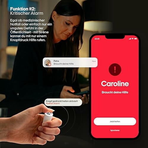 Frau nutzt kritischen Alarm auf Smartphone