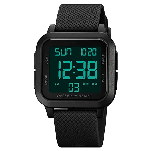 Schwarze digitale Armbanduhr mit Hintergrundbeleuchtung