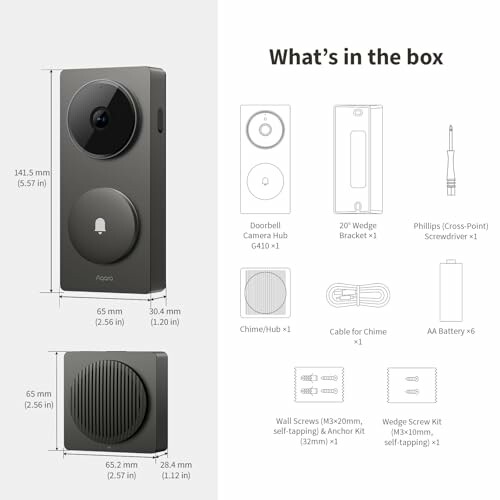 Verpackungsinhalt einer Türklingelkamera mit Zubehör.