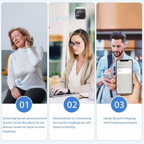 Drei Bilder mit Notrufsystem: Frau mit Schmerzen, Frau am Schreibtisch, Mann mit Smartphone