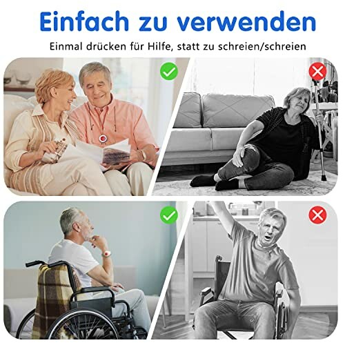 Bildvergleich von Personen, die Hilfe benötigen, mit und ohne Notrufgerät.