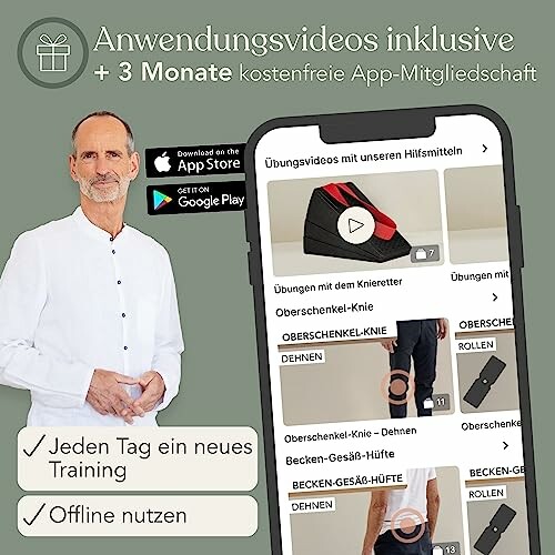 Mann neben Smartphone mit Fitness-App und Videos