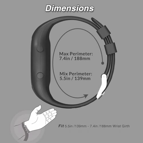 Fitnessarmband mit Größenangaben, maximaler Umfang 188mm, minimaler Umfang 139mm.