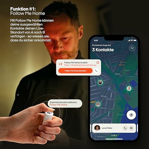 Mann verwendet eine Sicherheits-App mit der Funktion 'Follow Me Home'.