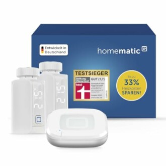 Homematic IP Heizungssteuerungspaket mit zwei Thermostaten und einem Hub.