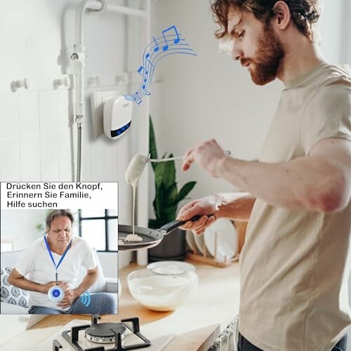 Mann kocht in der Küche mit Notrufsystem an der Wand.