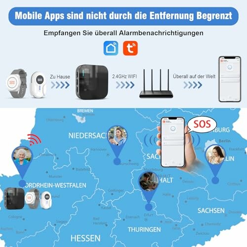 Karte von Deutschland mit mobilen App-Benachrichtigungen.
