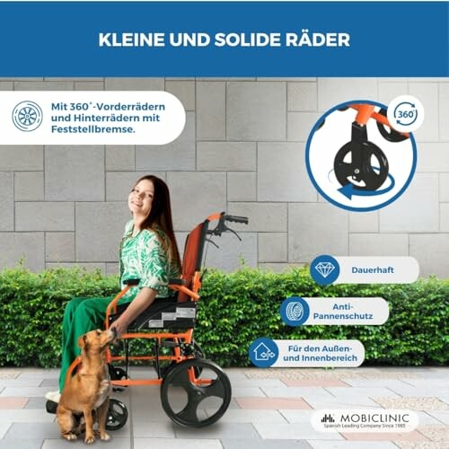 Frau im Rollstuhl mit Hund und Rollstuhlfunktionen.