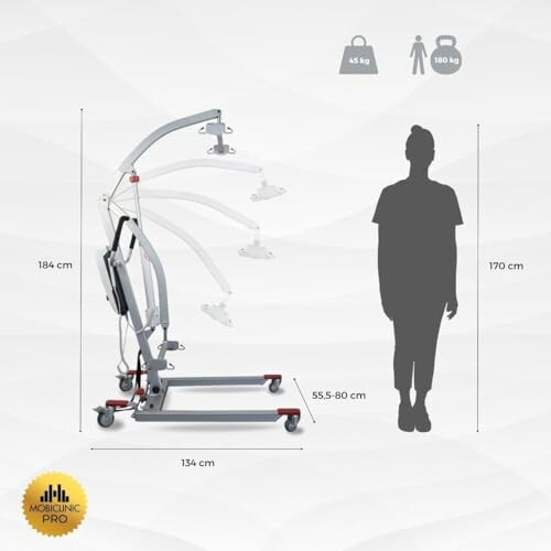 Diagramm eines Patientenlifts im Vergleich zur Körpergröße einer Person.