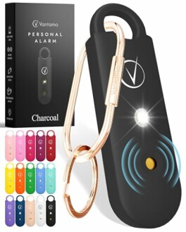 Tragbarer persönlicher Alarm mit LED-Licht und Schlüsselanhänger in verschiedenen Farben.