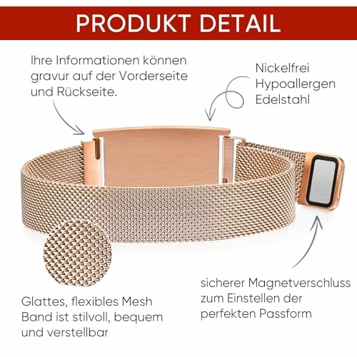Elegantes Armband mit Gravur, nickelfreiem Edelstahl, flexiblem Mesh und Magnetverschluss.