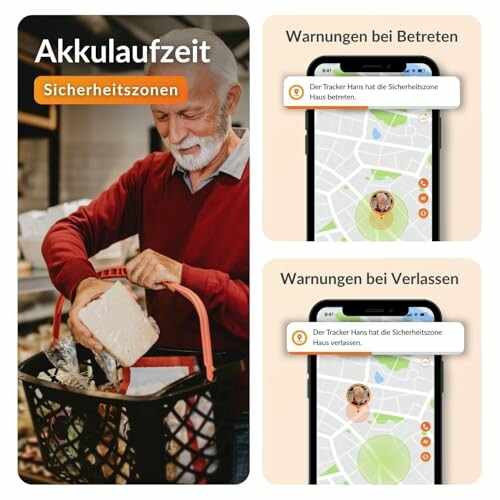 Ein älterer Mann mit einem Einkaufskorb und Smartphone-App für Sicherheitszonen