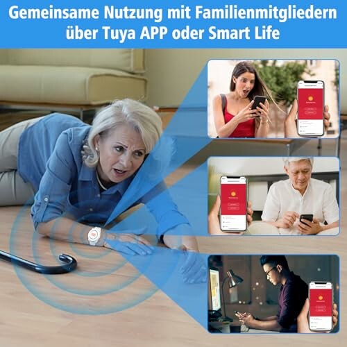 Ältere Frau auf Boden, Smartphone-App für Familienhilfe