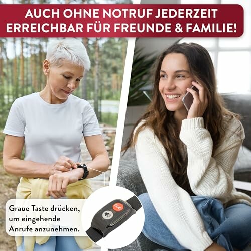 Frau überprüft Uhr, andere Frau telefoniert.