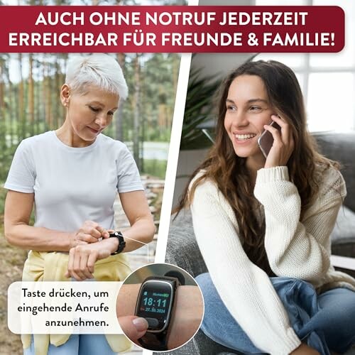 Frau telefoniert und überprüft Smartwatch